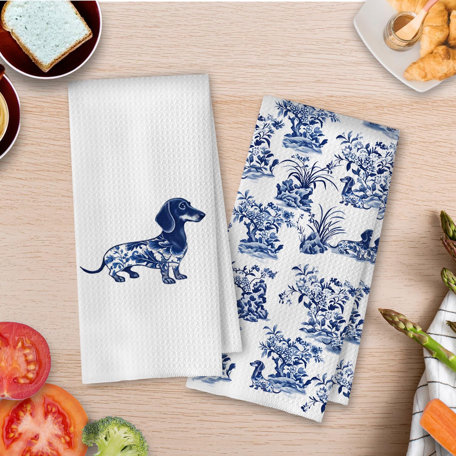 Toalla BlissfulAbon decorativa con dachshund y tejido waffle para baño
