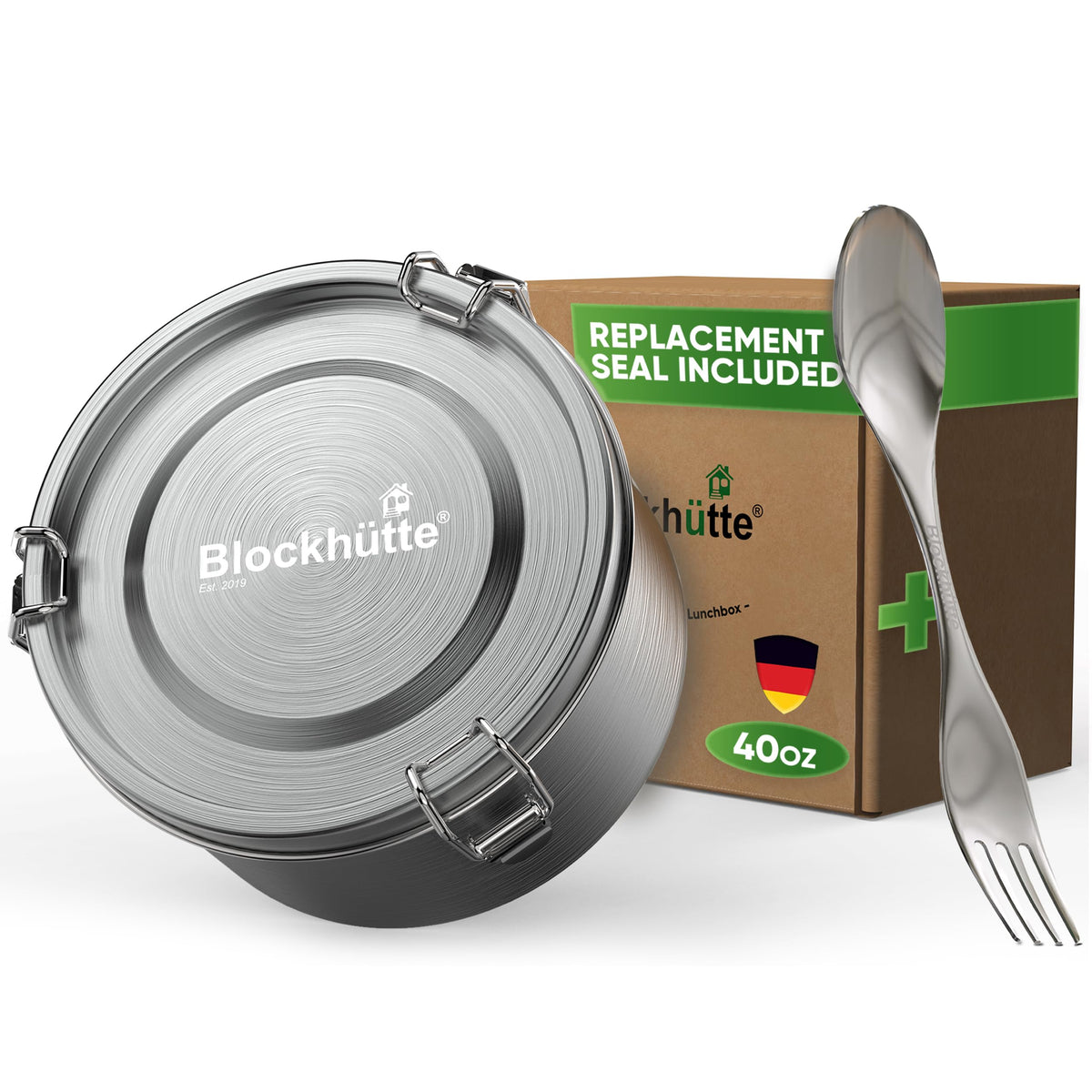 Blockhütte almuerzo metálico 40oz con espork integrado, listo para comer en cualquier lugar.