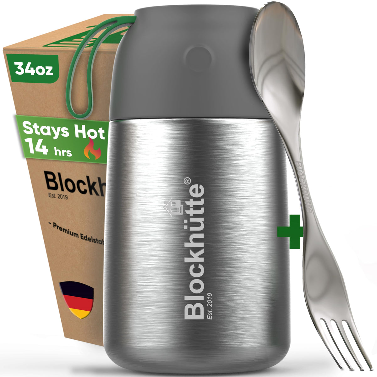 Blockhütte termo comida caliente boca-ancha, ideal para mantener platos calientes en la escuela o el trabajo.
