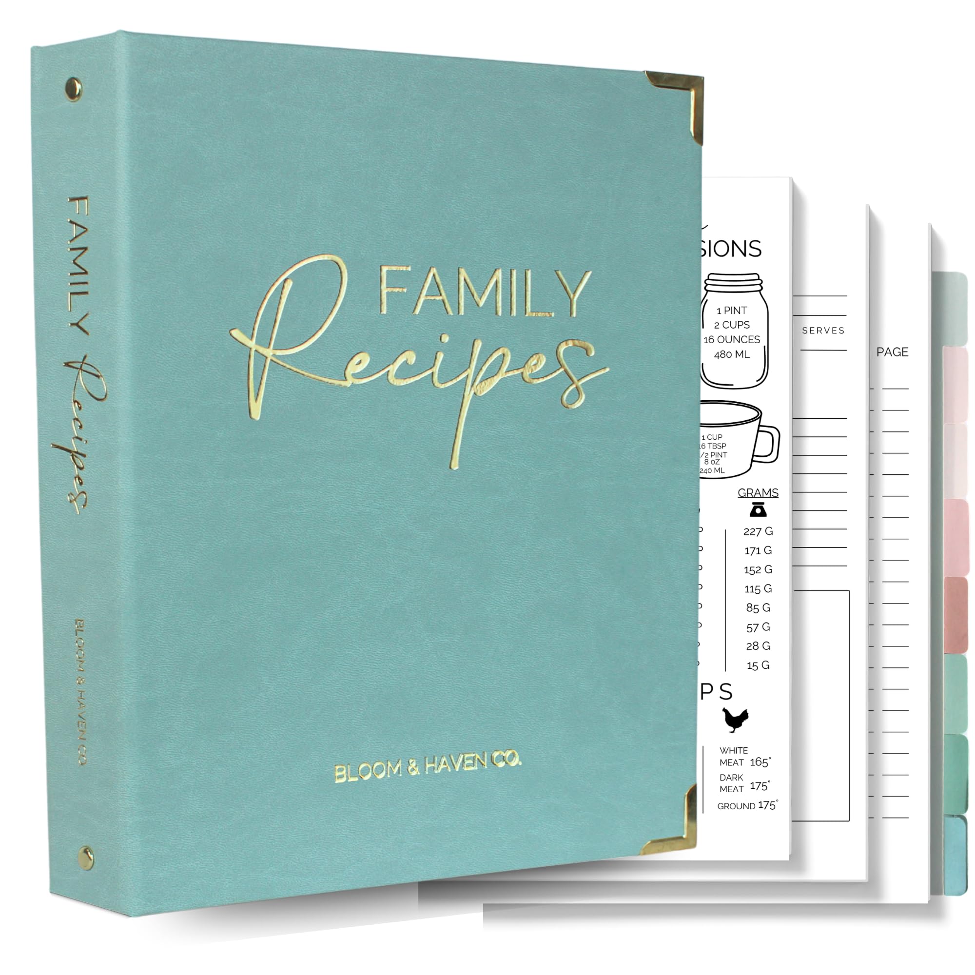 Bloom & Haven Co. libro de recetas, portada resistente verde, ideal para derrames.