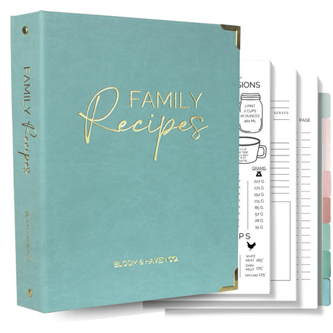 Bloom & Haven Co. libro de recetas, portada resistente verde, ideal para derrames.