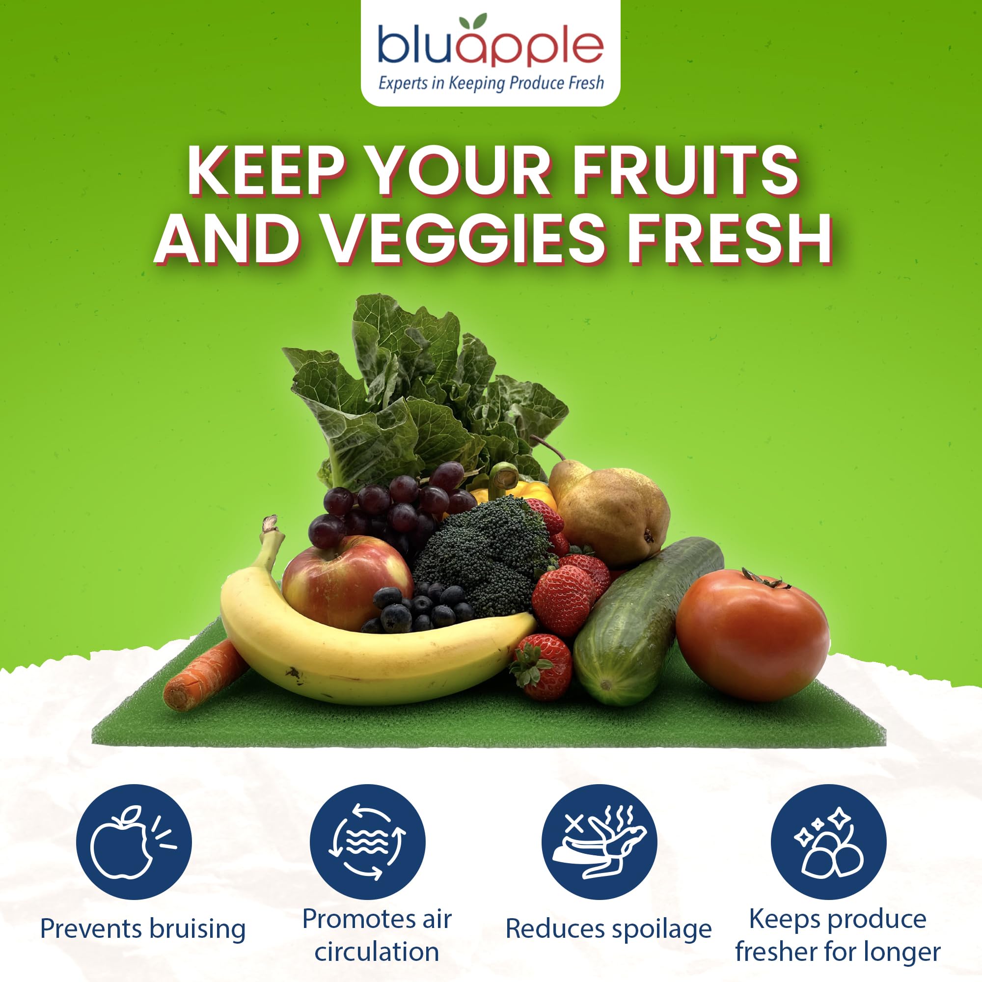 BluApple FreshMats protegen las frutas en el cajón para evitar magulladuras.