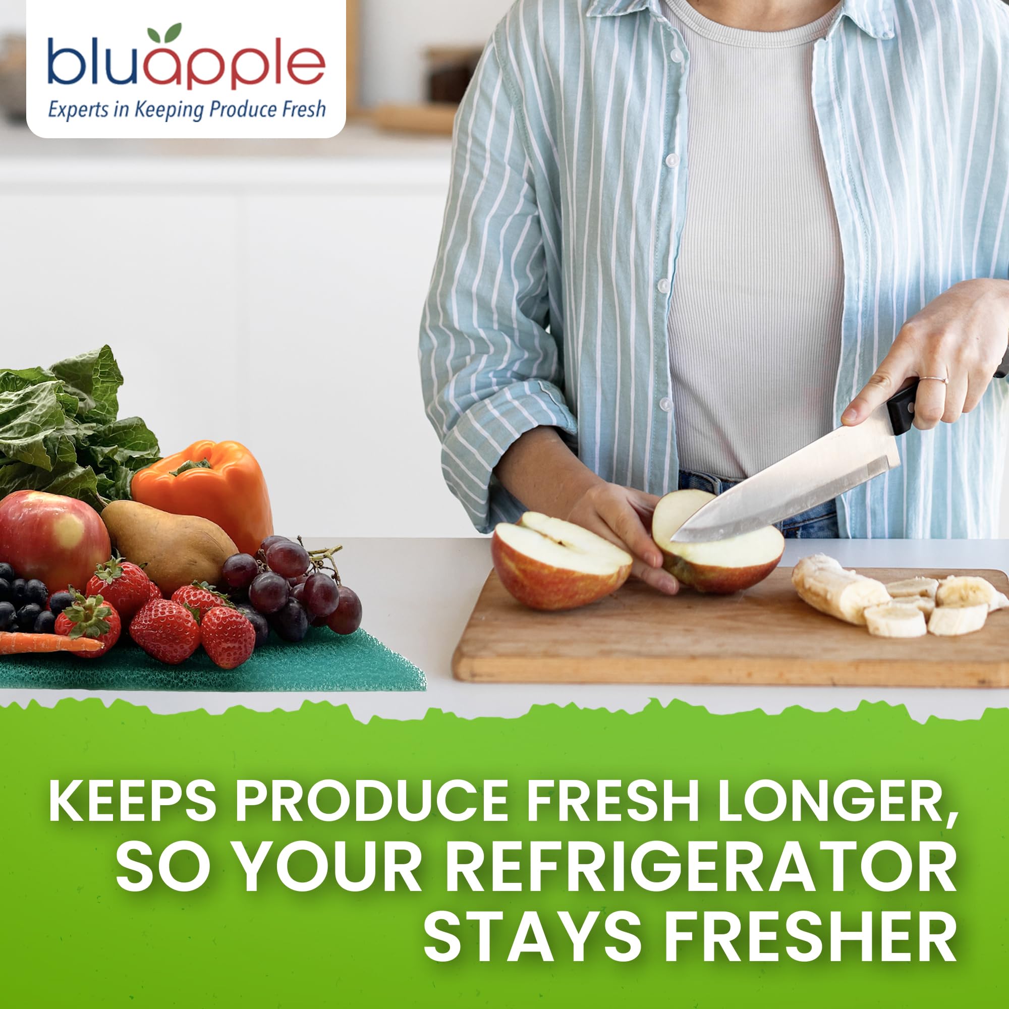 BluApple FreshMats protector de alimentos que facilita la organización del refrigerador.