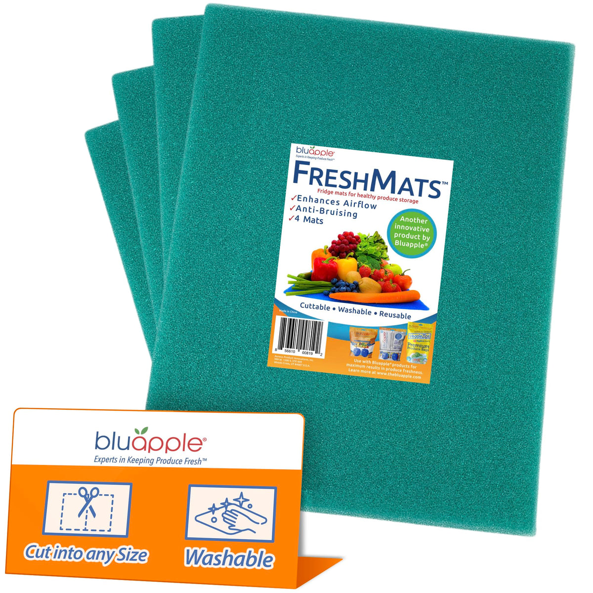 BluApple FreshMats, protector de estante para frigorífico que mantiene productos organizados y frescos.
