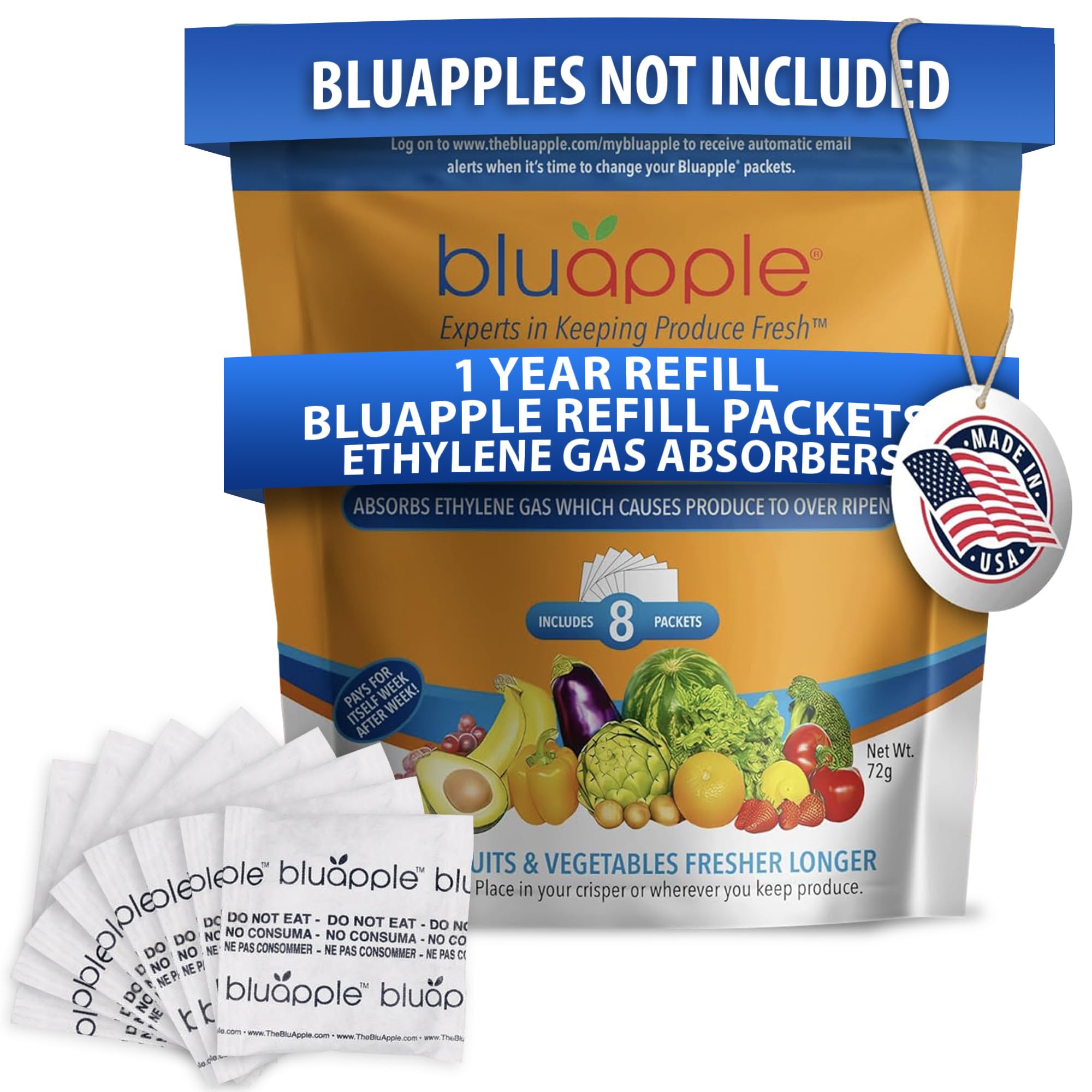 BluApple paquetes de relleno para prolongar la frescura de frutas y verduras.