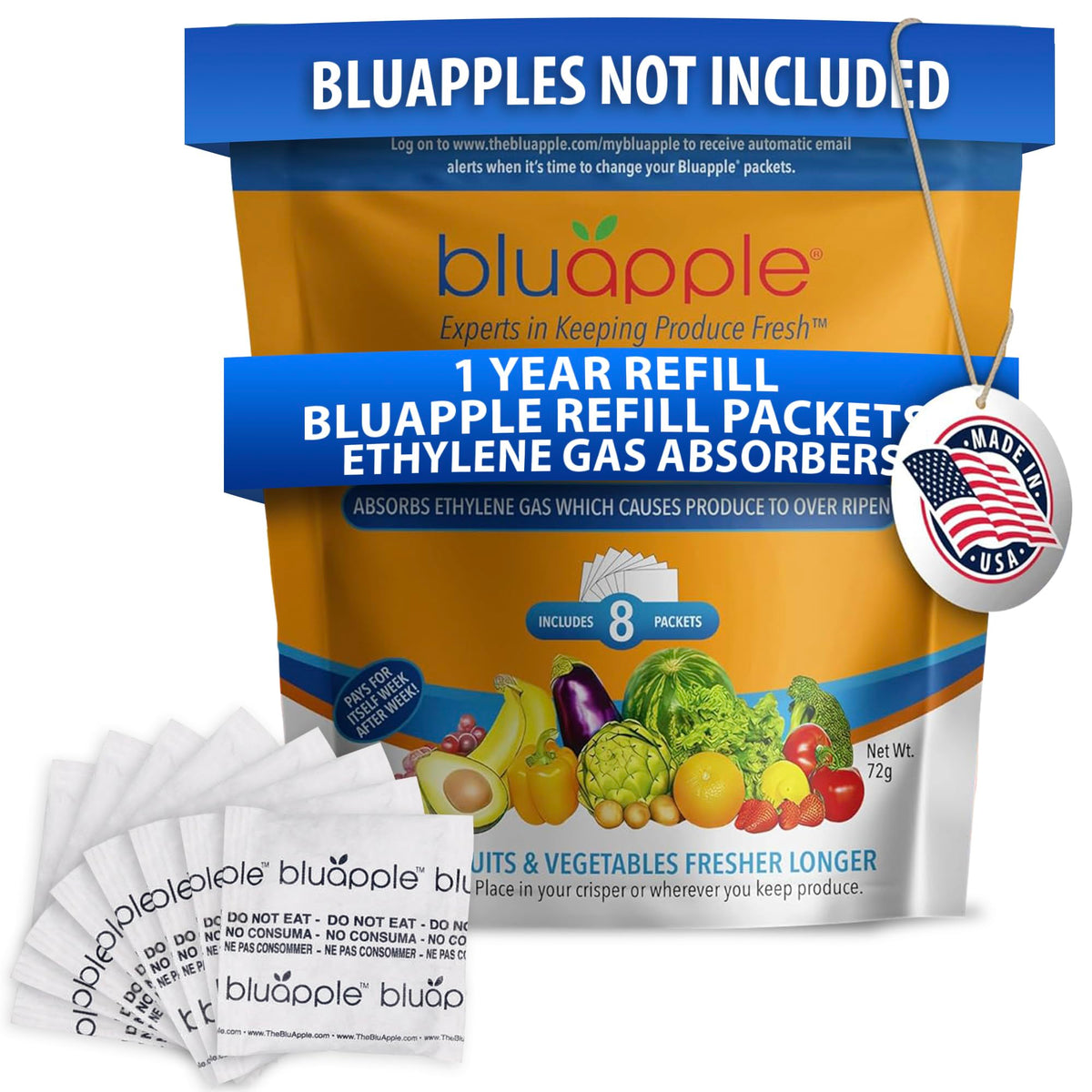 BluApple paquetes de relleno para prolongar la frescura de frutas y verduras.