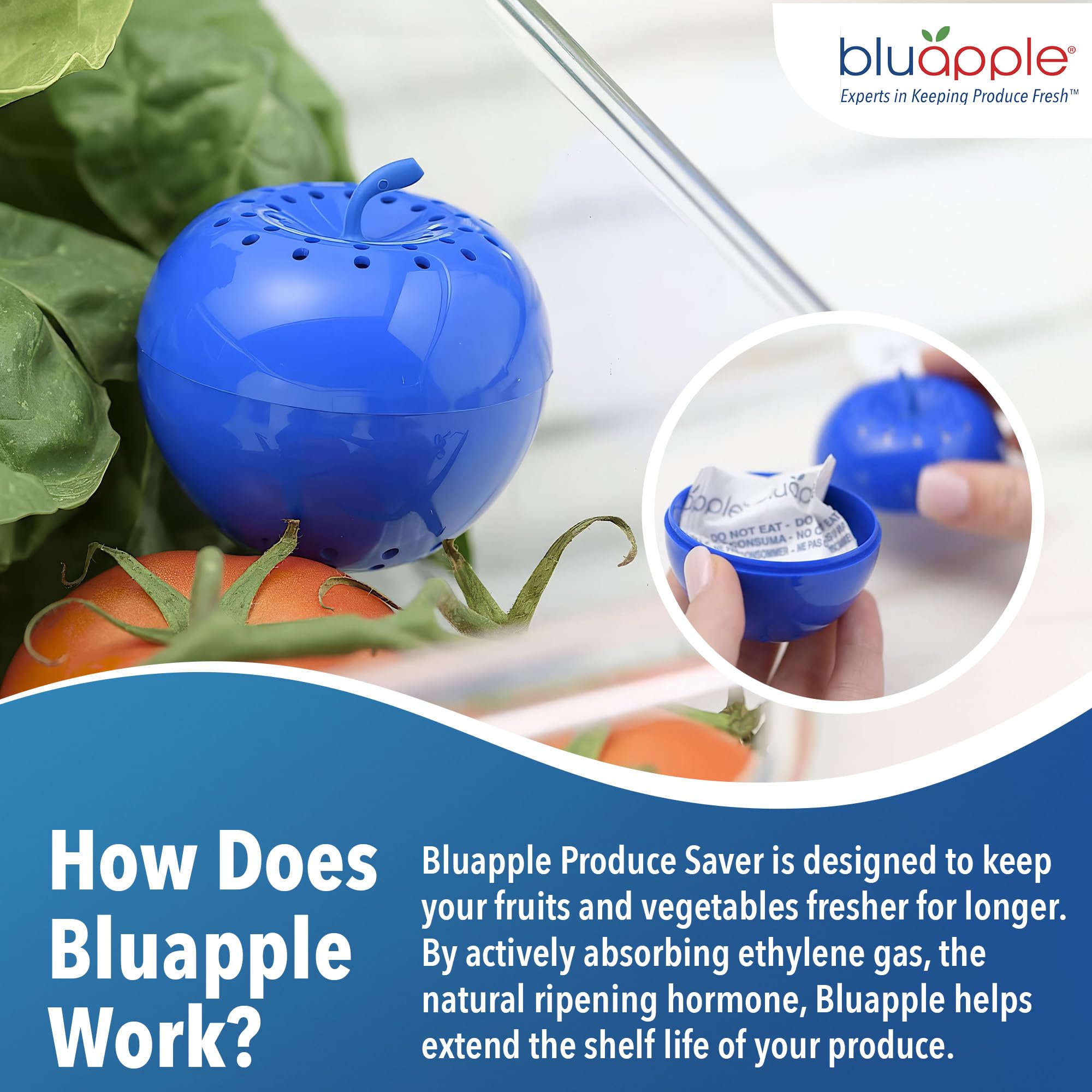 Bluapple se coloca en el cajón del refrigerador para frutas y verduras.