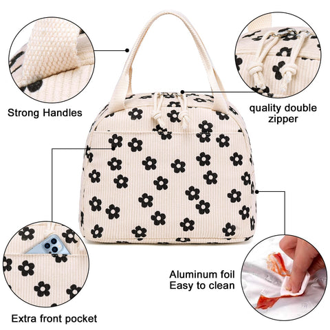 Bluboon bolsa almuerzo corduroy floral, cierre metálico duradero para uso diario.