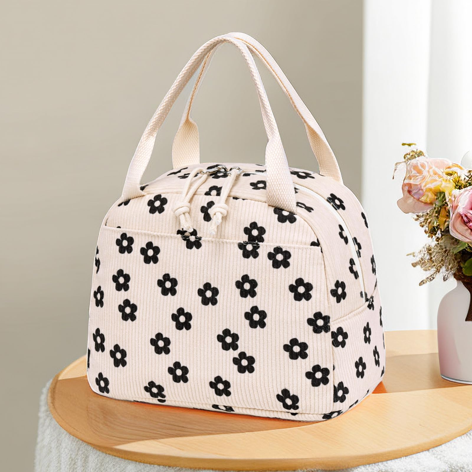 Bluboon bolsa almuerzo corduroy floral, interior aislado, mantiene comidas frescas durante el día.