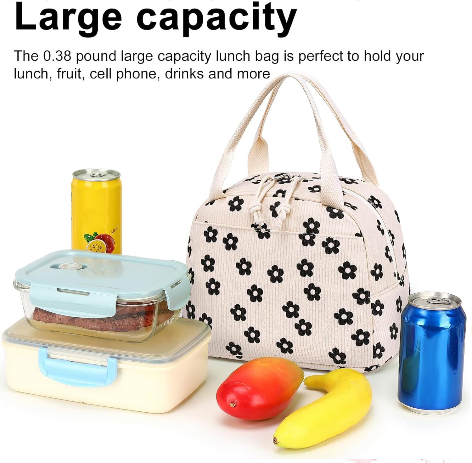 Bluboon bolsa almuerzo corduroy floral, adecuada para uso en trabajo y salidas.