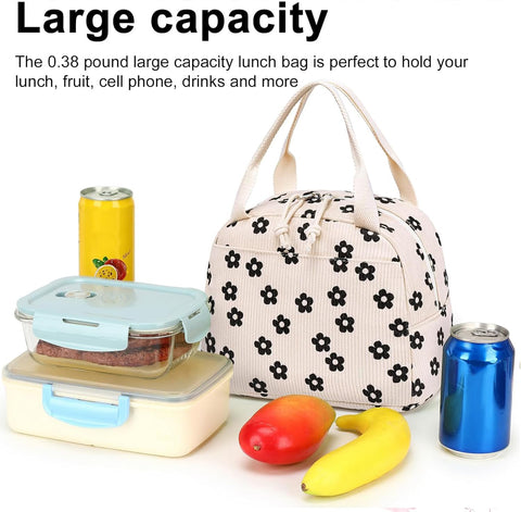 Bluboon bolsa almuerzo corduroy floral, adecuada para uso en trabajo y salidas.