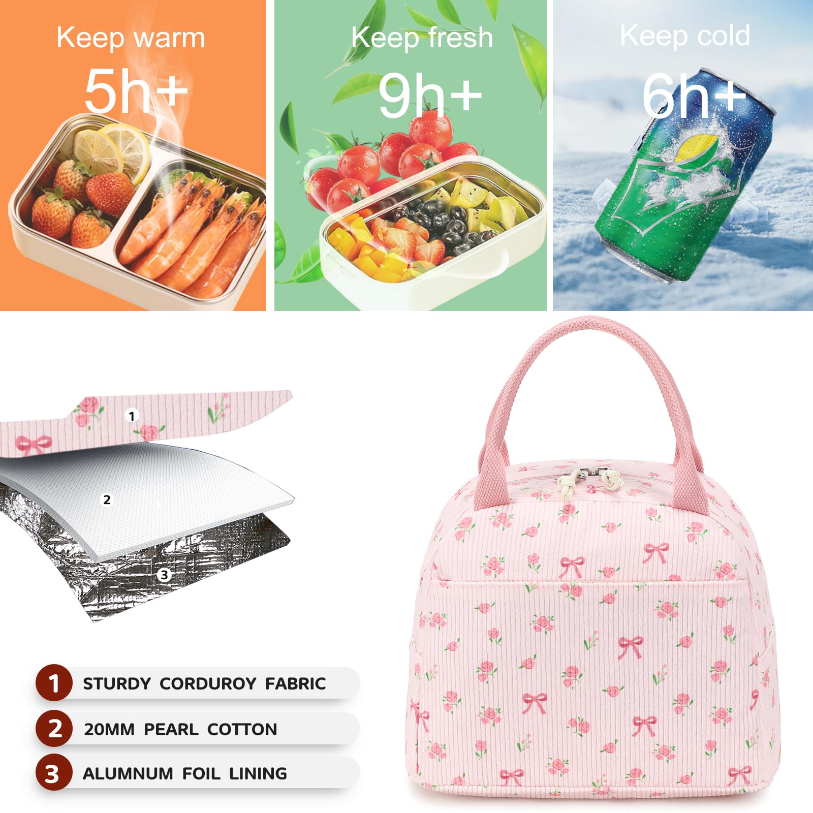 Bluboon bolsa de almuerzo con bolsillo frontal, perfecto para llaves y tarjetas.