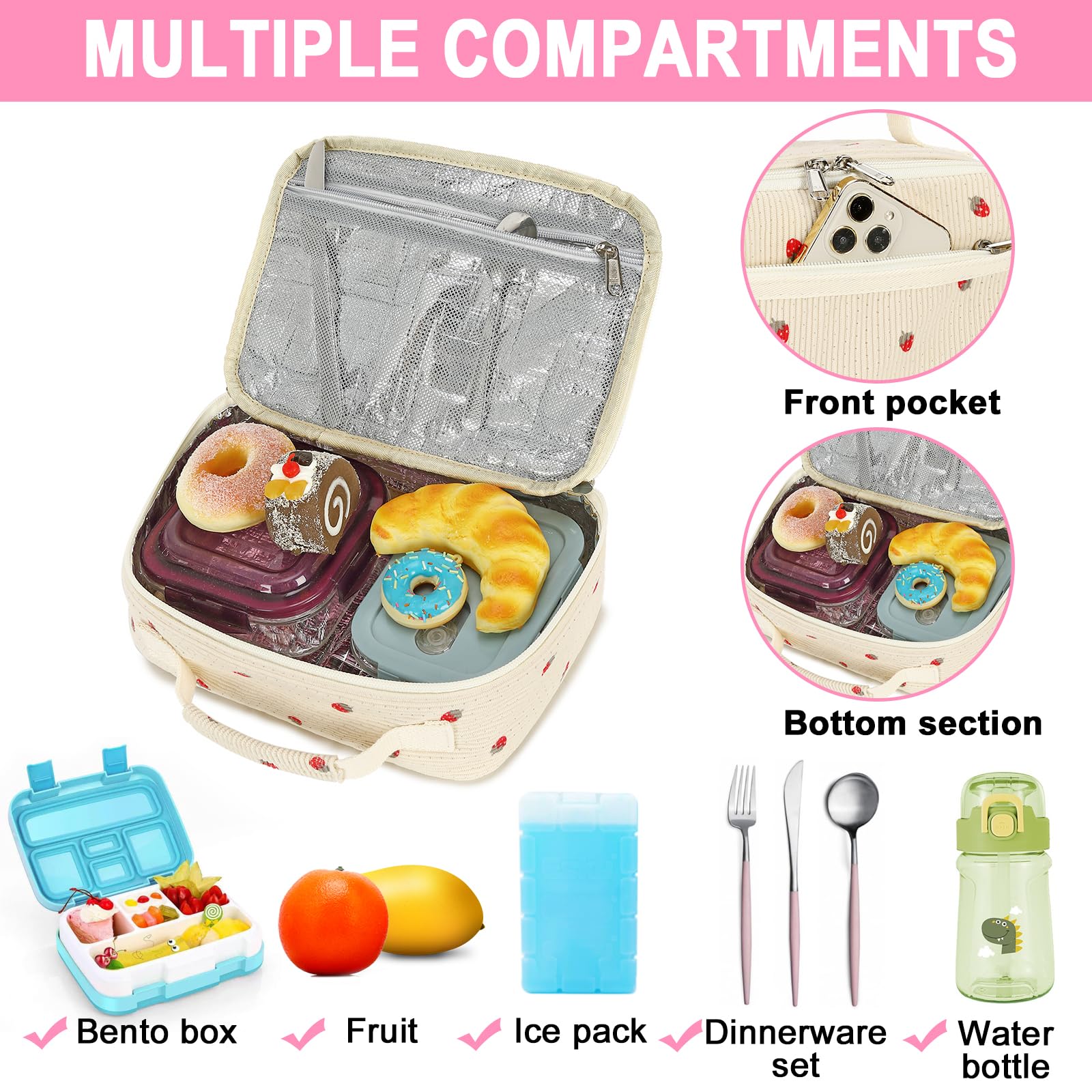 Dimensiones del bolso Bluboon 22x16x19 cm para dos contenedores.