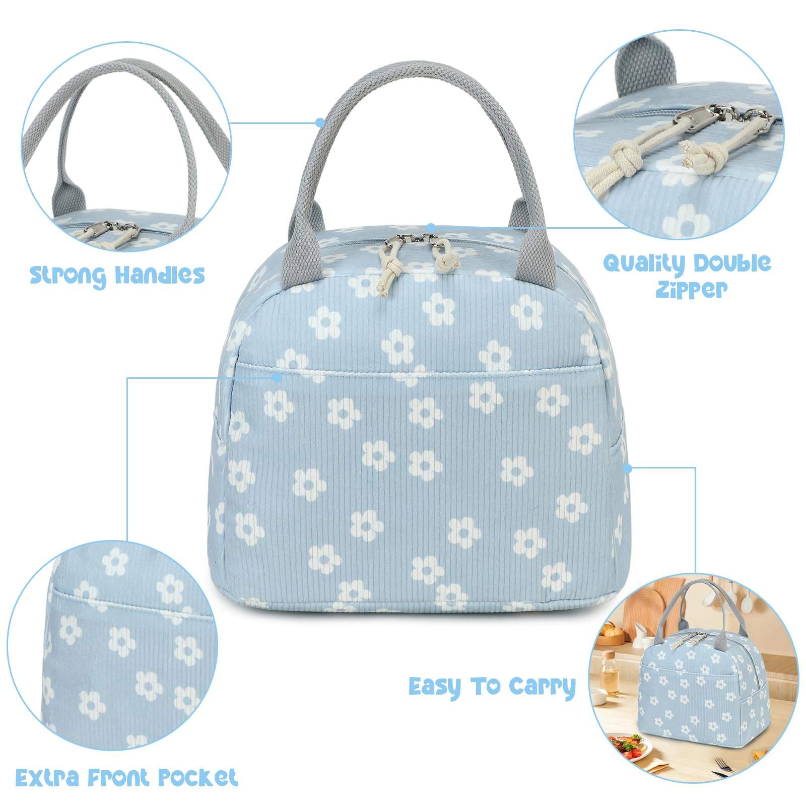 Bluboon bolsa corduroy de capacidad amplia para comidas completas en viajes o trabajo.