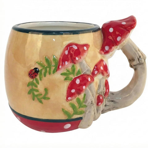 Blue Sky Clayworks taza hongo con asa-ramita, ideal para café o té.