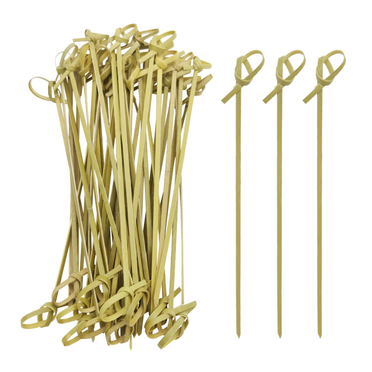 Blue Top palillos de bambú con nudo bucle para una presentación elegante de aperitivos.