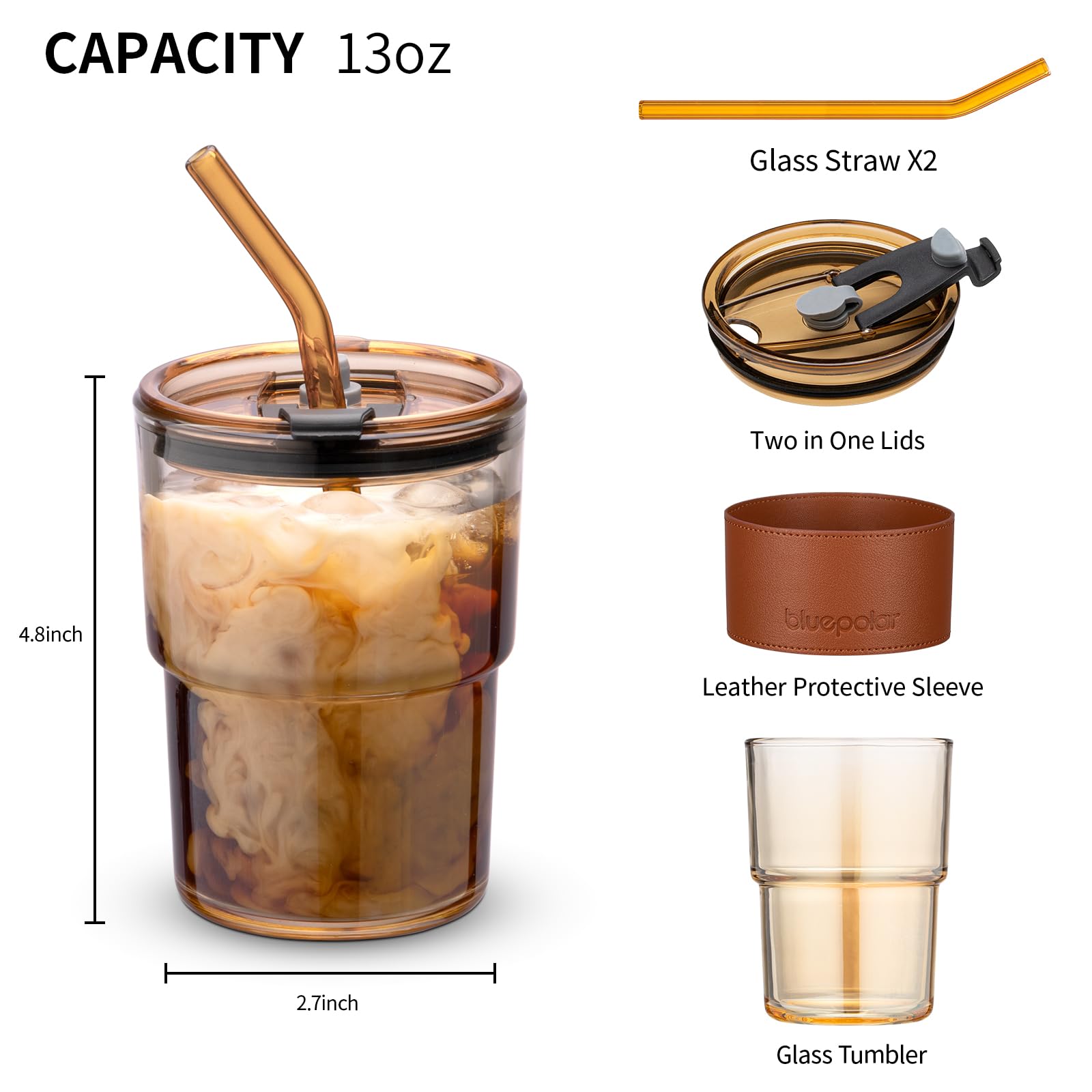 BLUEPOLAR tumbler con tapa y pajilla, perfecto para café o té para llevar.