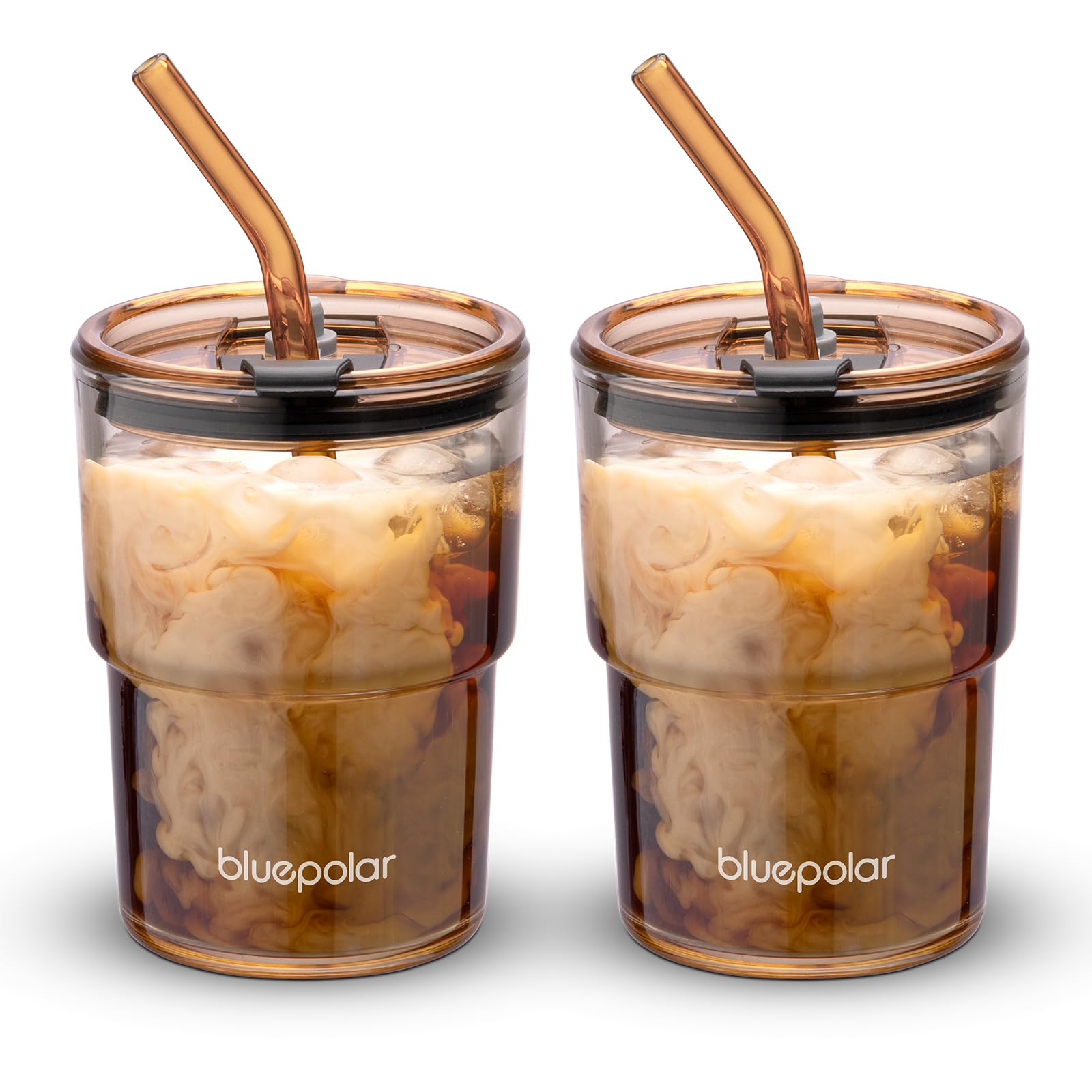 Vaso BLUEPOLAR de cristal 13oz con pajilla y tapa hermética, ideal para bebidas frías o calientes.