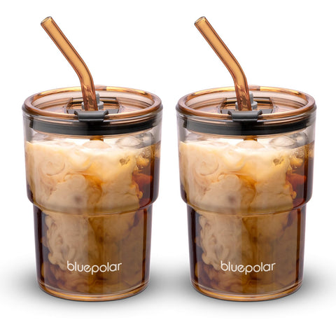 Vaso BLUEPOLAR de cristal 13oz con pajilla y tapa hermética, ideal para bebidas frías o calientes.
