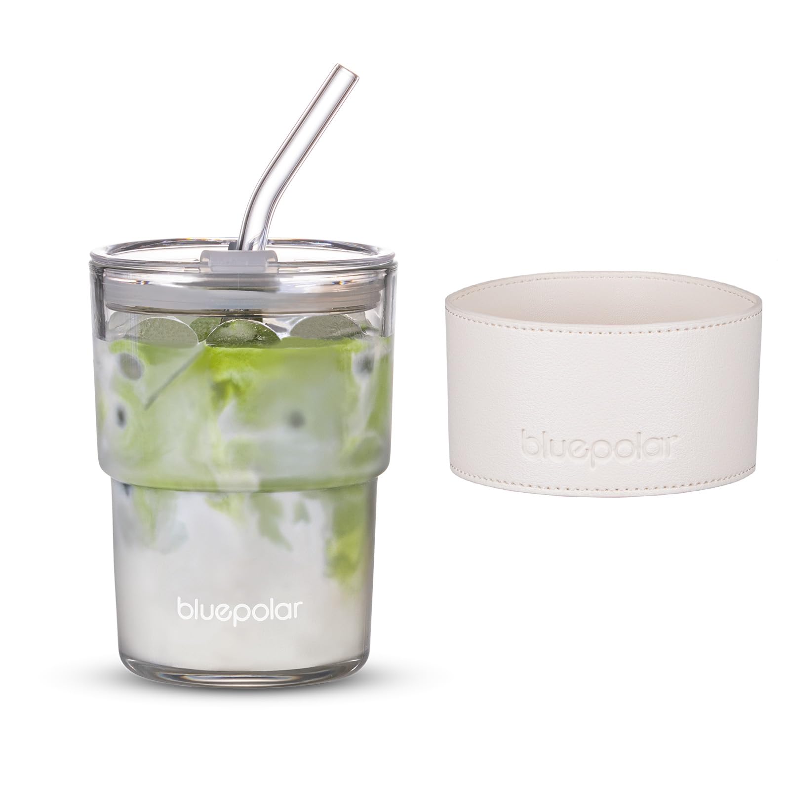 Vaso de cristal BLUEPOLAR 13oz con tapa y pajilla, perfecto para bebidas frías y calientes.