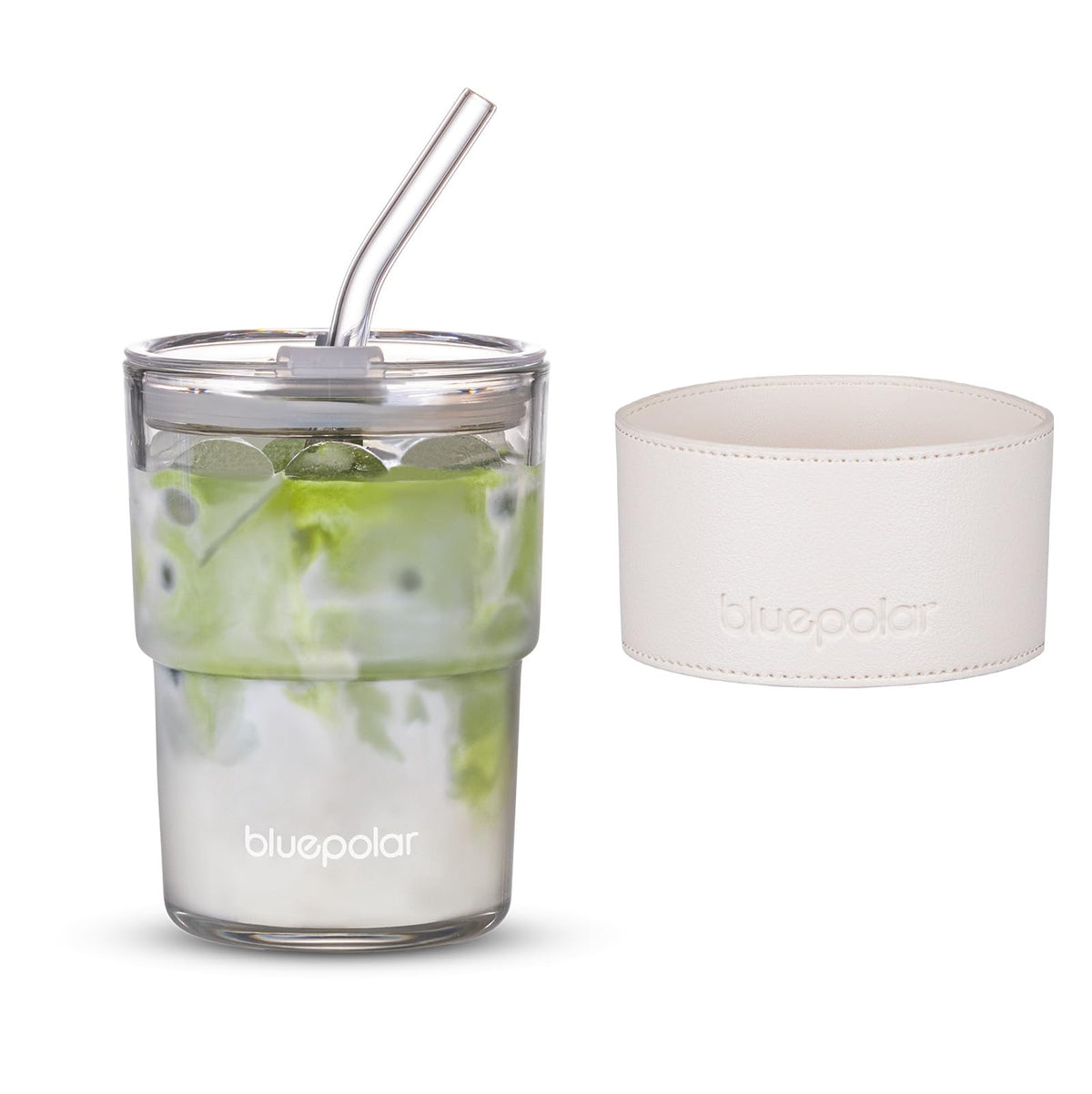 Vaso de cristal BLUEPOLAR 13oz con tapa y pajilla, perfecto para bebidas frías y calientes.