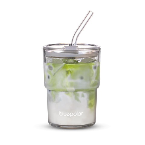 BLUEPOLAR vaso-vidrio-13oz-aurora-blanco, cómodo de sostener para bebidas frías.