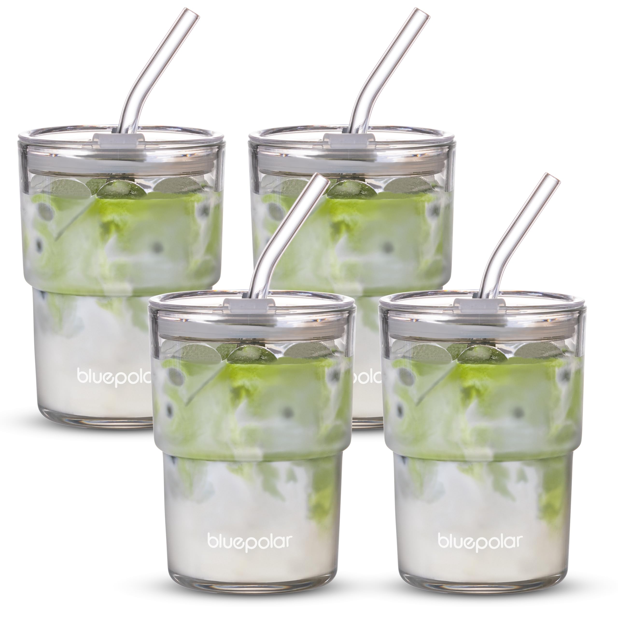 Vaso BLUEPOLAR de vidrio de 13 onzas Aurora White con tapa y pajita, ideal para uso diario.