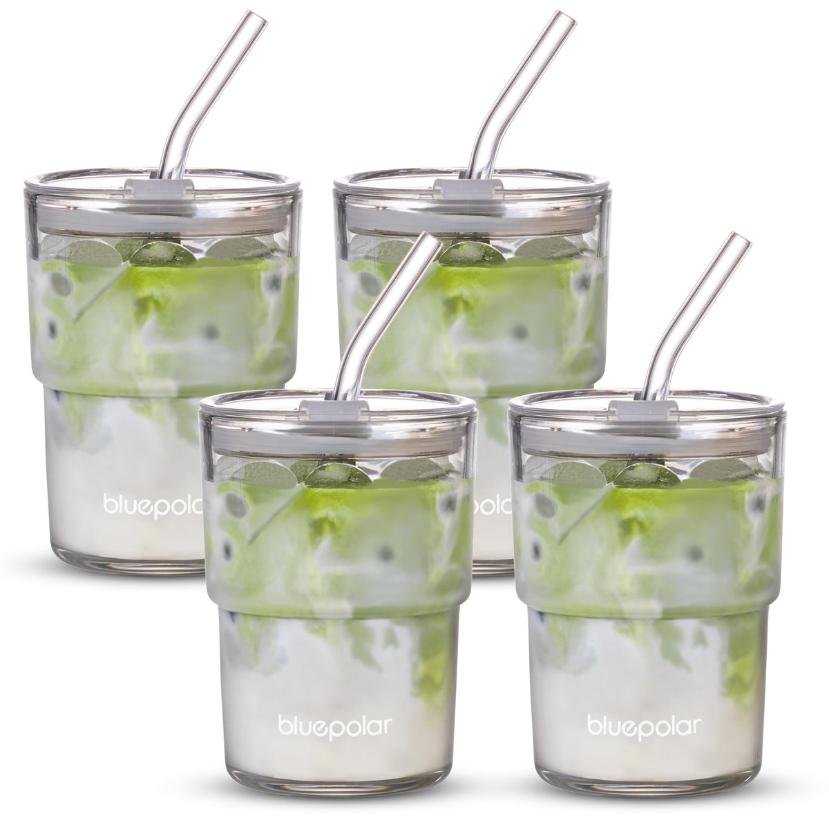 Vaso BLUEPOLAR de vidrio de 13 onzas Aurora White con tapa y pajita, ideal para uso diario.