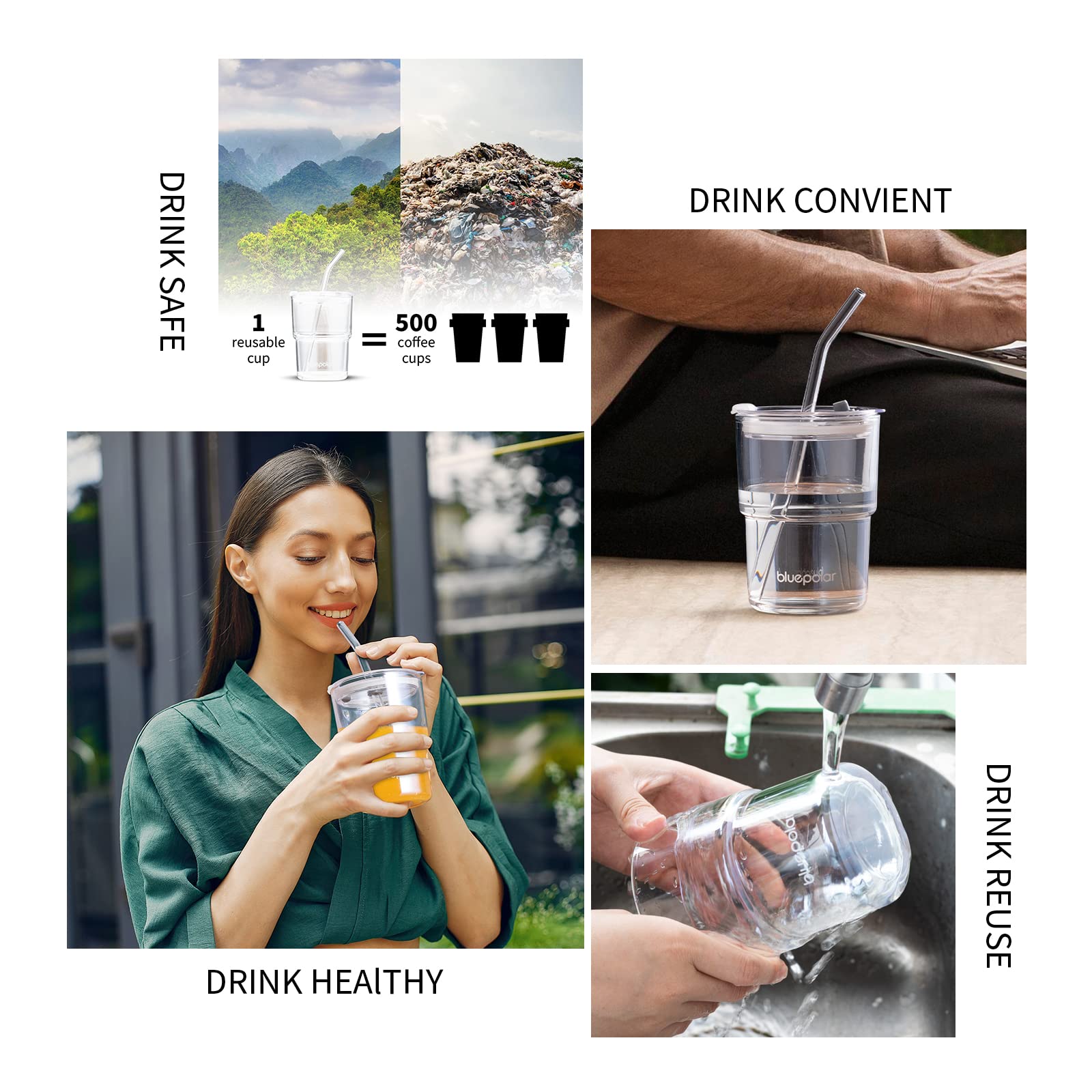 Vaso BLUEPOLAR para agua, té helado y jugos con acabado limpio.