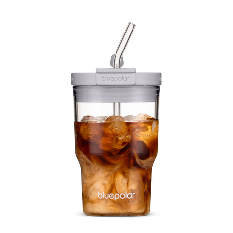 BluePOLAR vaso de vidrio 480 ml con tapa y pajilla, perfecto para bebidas frías.
