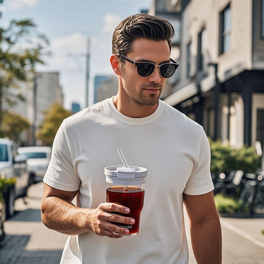BluePOLAR vaso de vidrio ergonómico, agarre cómodo para uso diario.