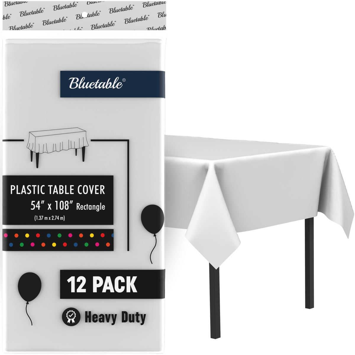 Mantel Bluetable plástico blanco 54x108 para cubrir mesas estándar y facilitar la limpieza.