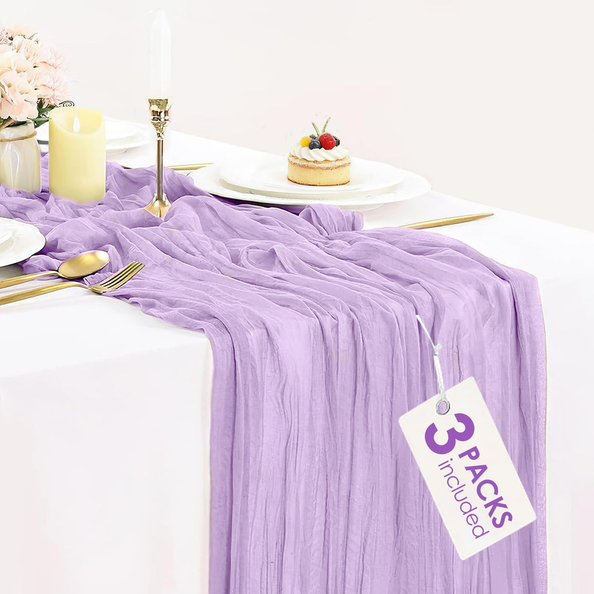 BLUETOP camino de mesa gasa lilas 90x305 cm, ideal para bodas elegantes.
