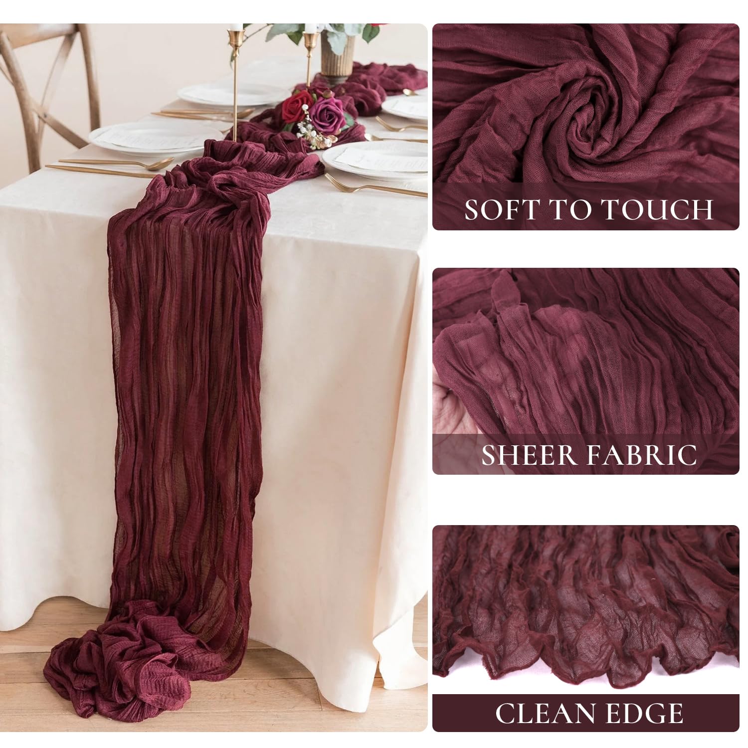 BLUETOP mantel gasa burdeos para bodas y fiestas, drapeado suave que realza la mesa.