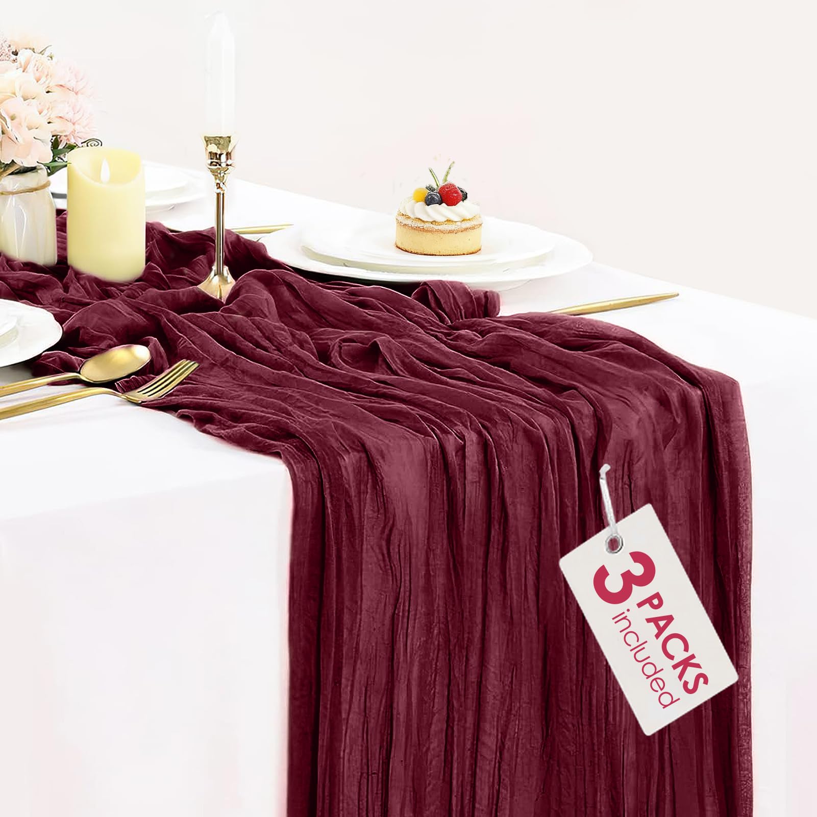 BLUETOP mantel gasa burdeos 35x120, ideal para bodas y banquetes con toque elegante.