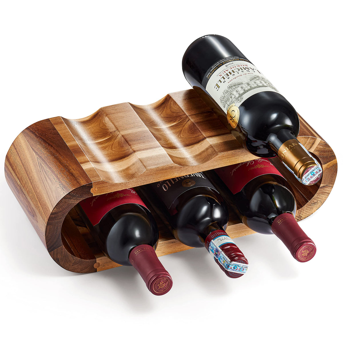 BLUEWEST soporte vino de madera 6 botellas – vista frontal para exhibir vinos en la encimera.