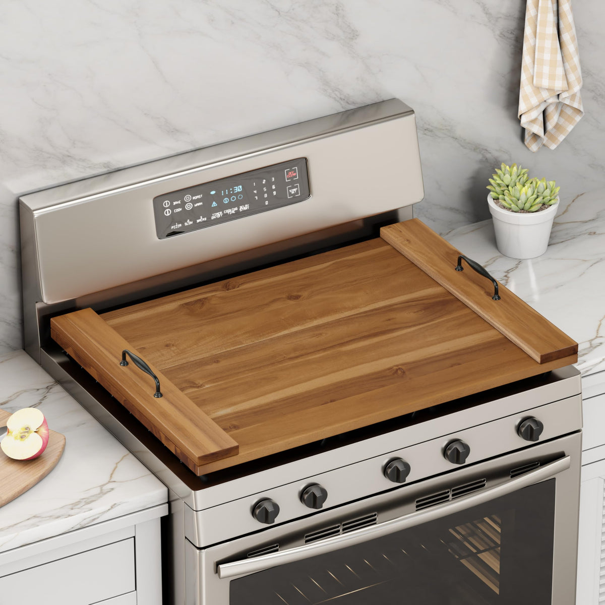 BLUEWEST tabla-estufa-acacia añade espacio extra para cocinar y servir.