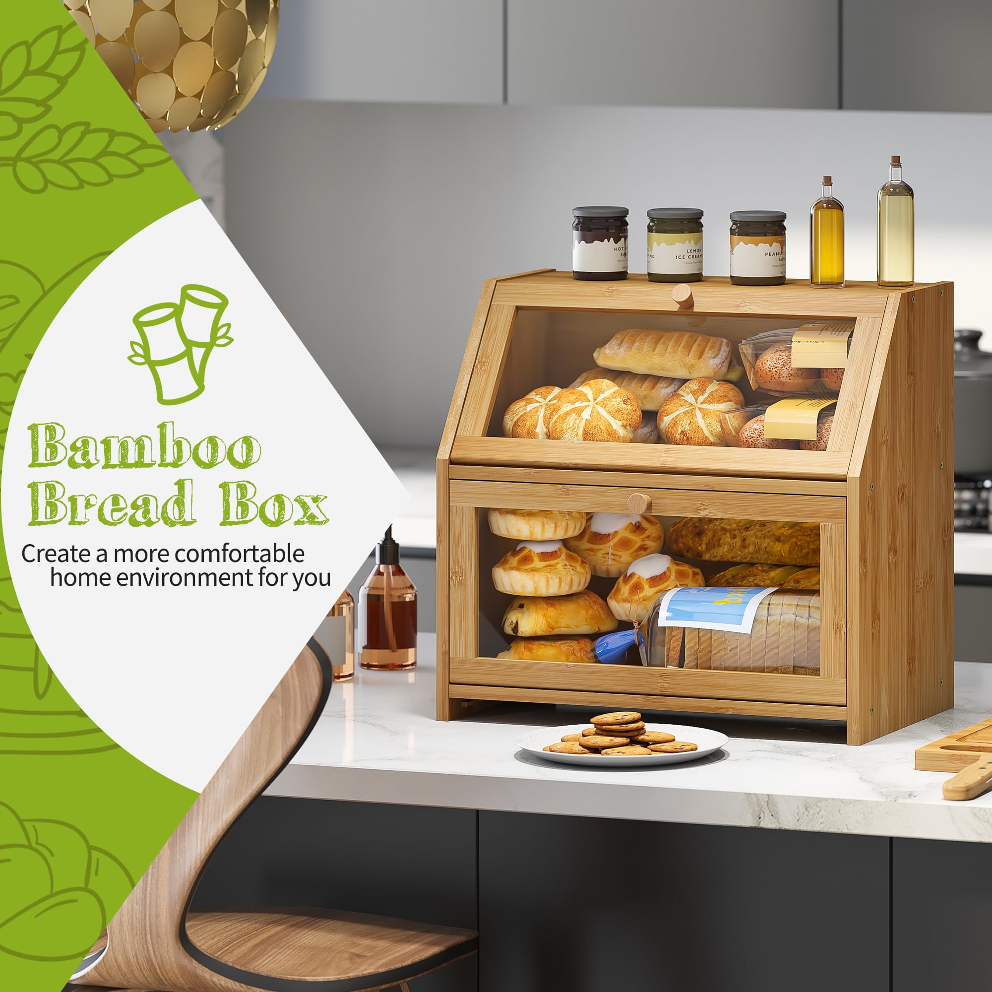 BMOSU Panera interior espacioso para dos hogazas y bollos, manteniendo pan fresco más tiempo.