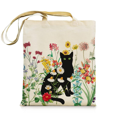 bmuvghi bolsa lona negra con gato, perfecta para compras sostenibles.