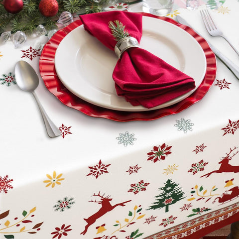 Mantel oval navideño Bnejvif, diseño plaid rojo con copos y motivos festivos.