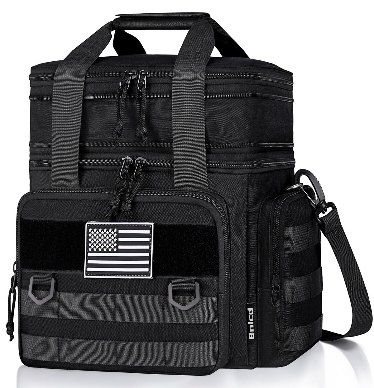 Bnlcd caja táctica vista frontal con bandera americana, diseño resistente para uso diario.