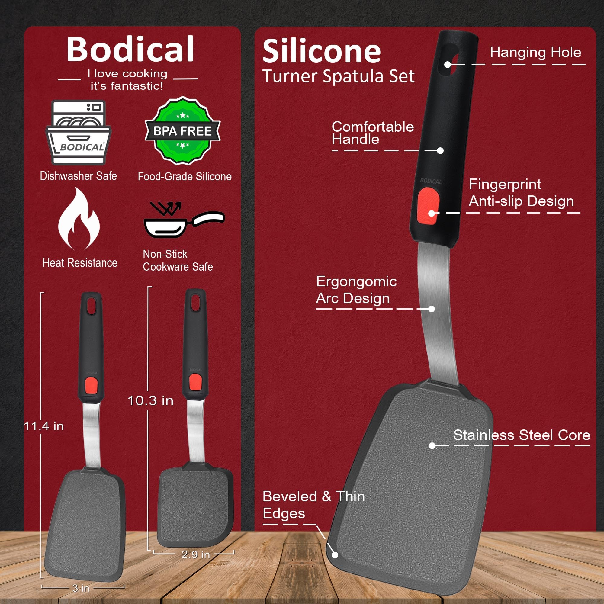 BodiCal espátula de silicona con cabeza delgada facilita deslizarse bajo la comida.