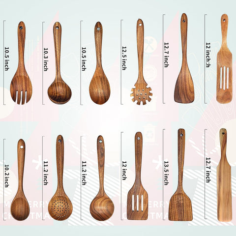 Bokalaka cucharas de cocina teca natural 12 piezas, antiadherentes y duraderas para uso diario.
