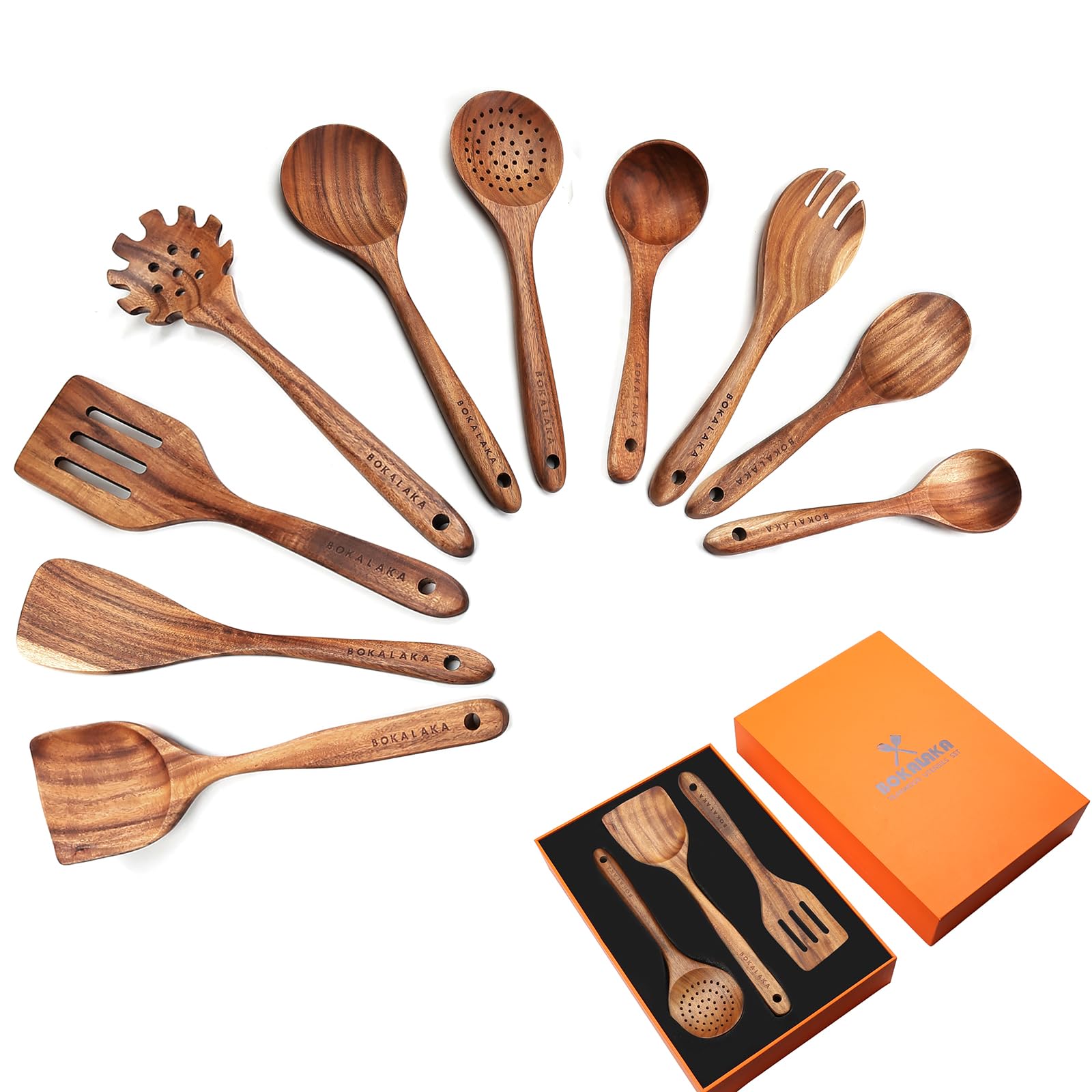 Cucharas BOKALAKA de teca, set de 10 piezas para cocinar con teca natural.