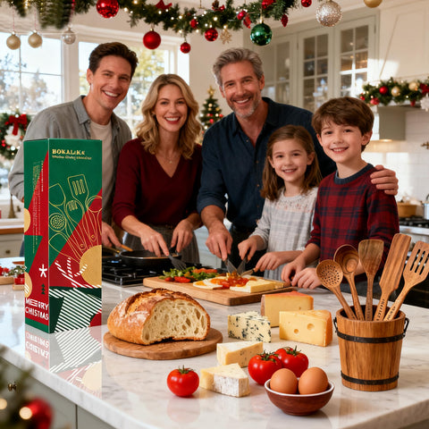 Bokalaka envase regalo navidad rojo-verde con utensilios teca para regalo práctico.
