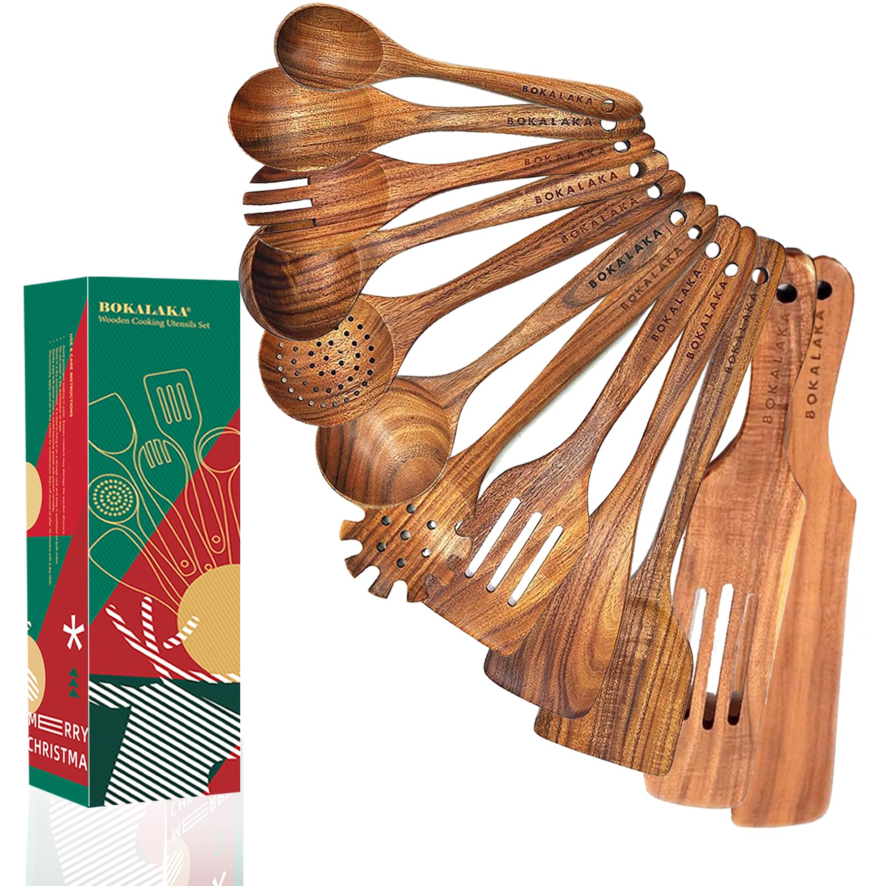 Bokalaka juego de utensilios de cocina teca 12 piezas, grano natural, ideal para cocinar.