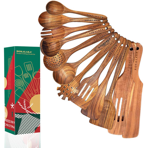 Bokalaka juego de utensilios de cocina teca 12 piezas, grano natural, ideal para cocinar.