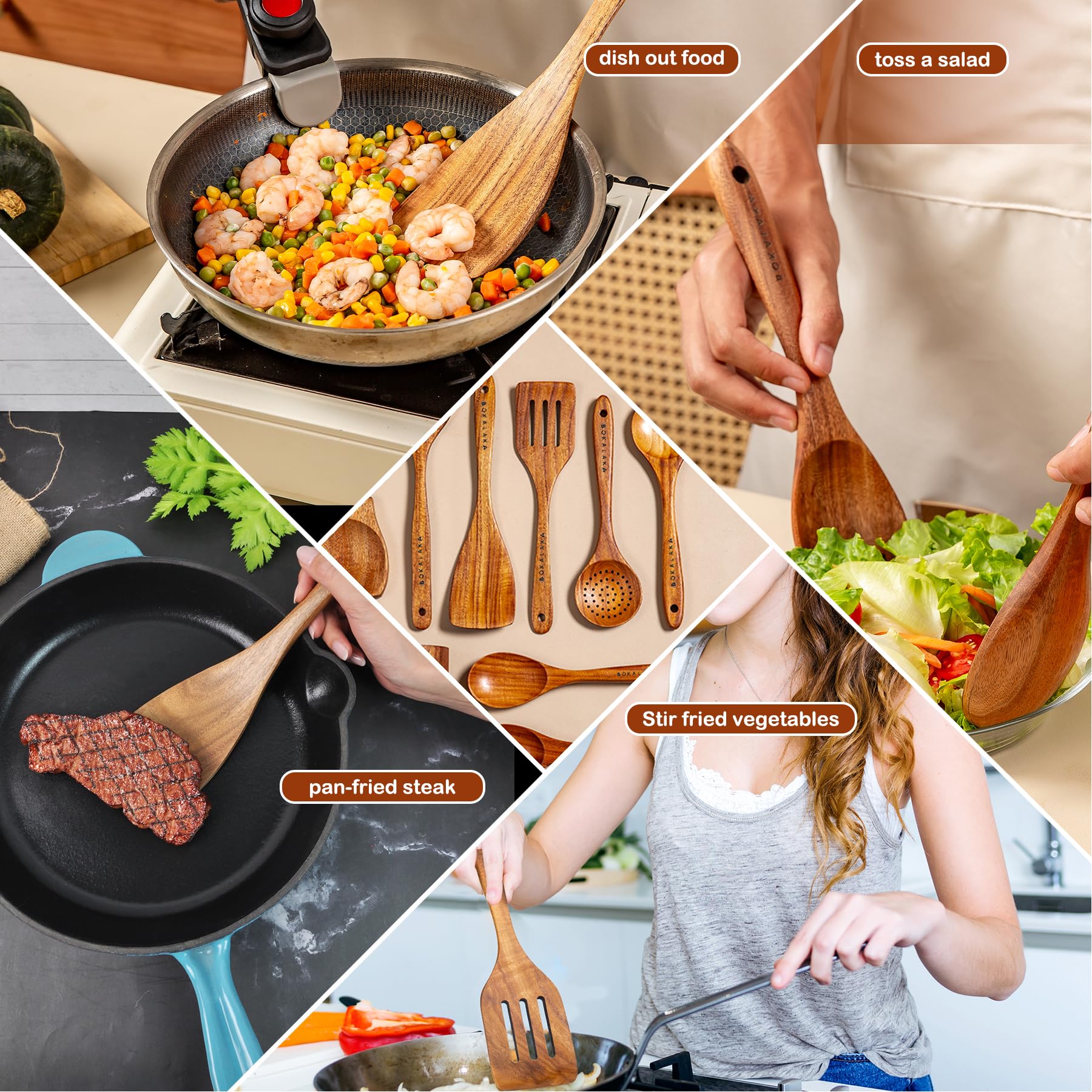 Bokalaka set antiadherente de teca para cocinar, perfecto para hervir y saltear, 12 piezas.