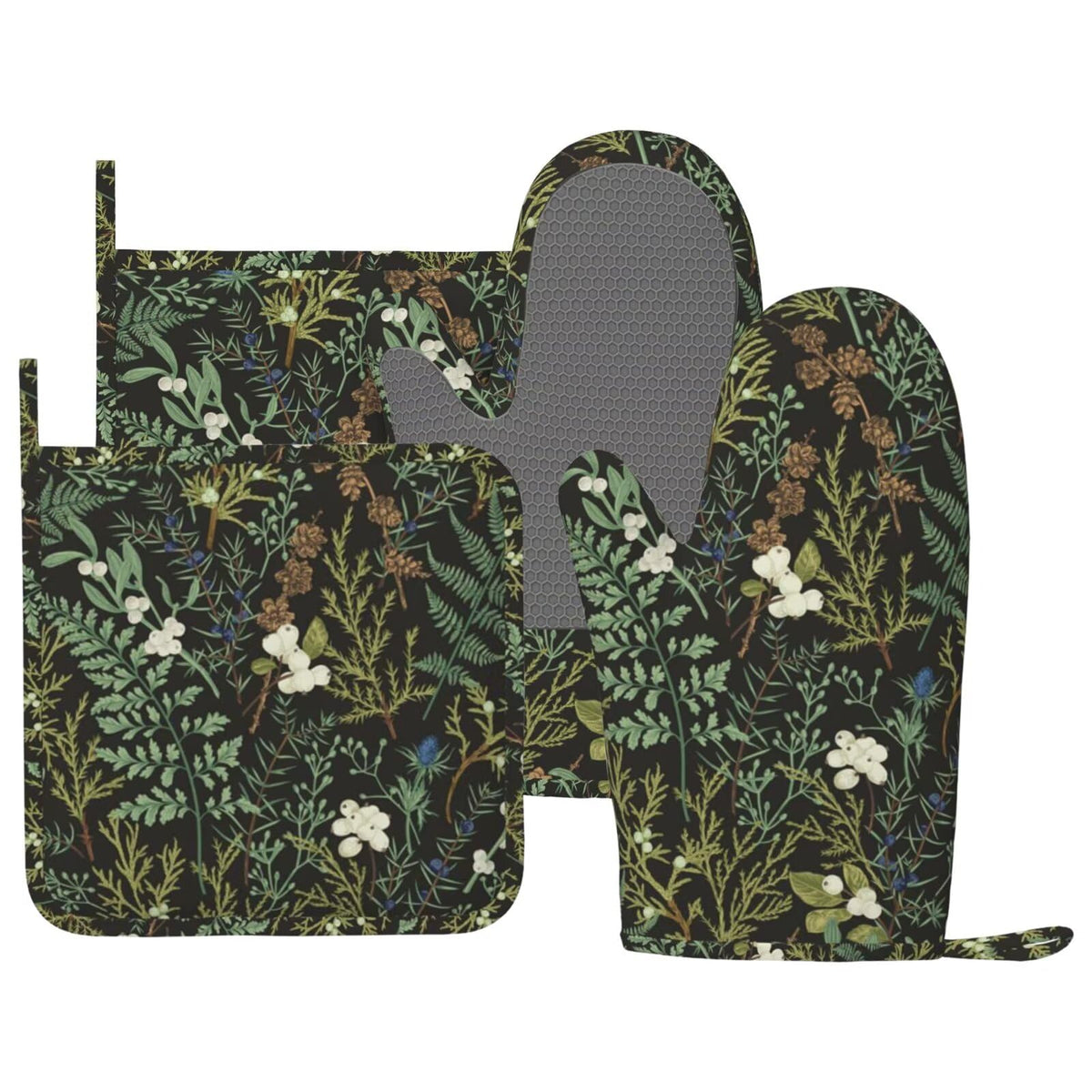 Manoplas BOKEKANG con diseño floral botánico para manipular utensilios calientes con agarre seguro.