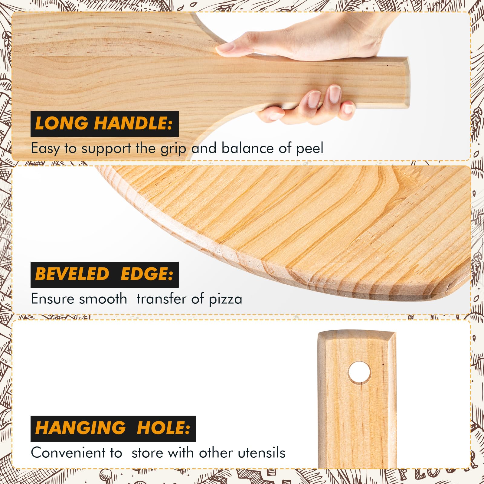 Bokon pala pizza madera mango de 8 pulgadas para agarre cómodo